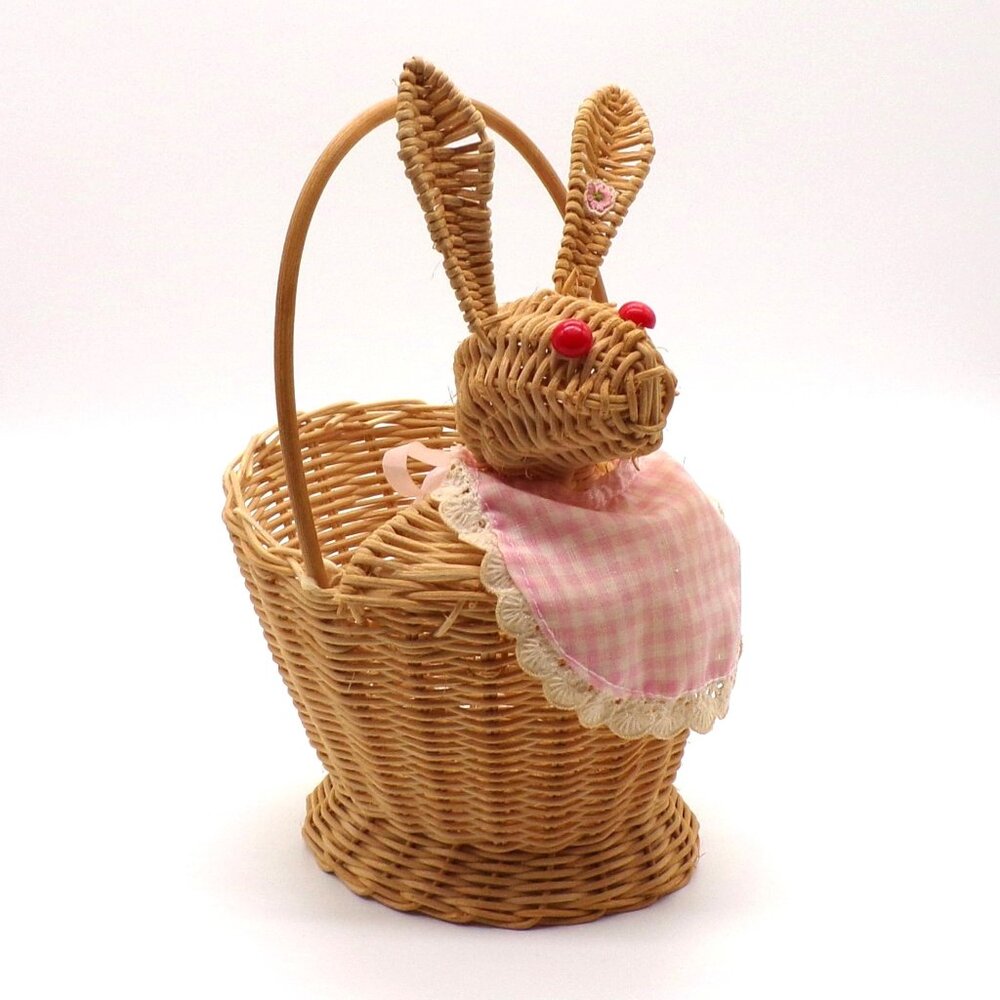 VTG Bunny Rabbit Basket Apron Wicker Woven Cottagecore Kitchen Decor Tabletop